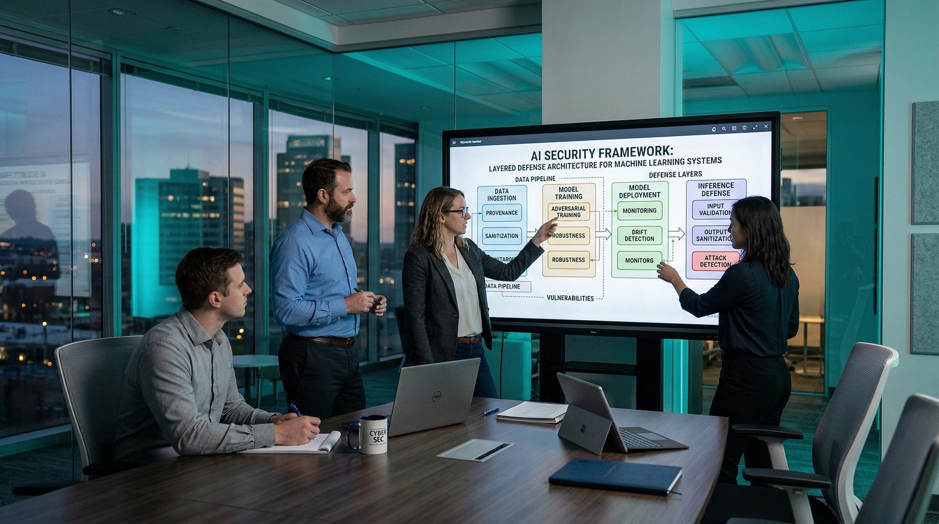 Security architects reviewing AI defense framework and machine learning system blueprints