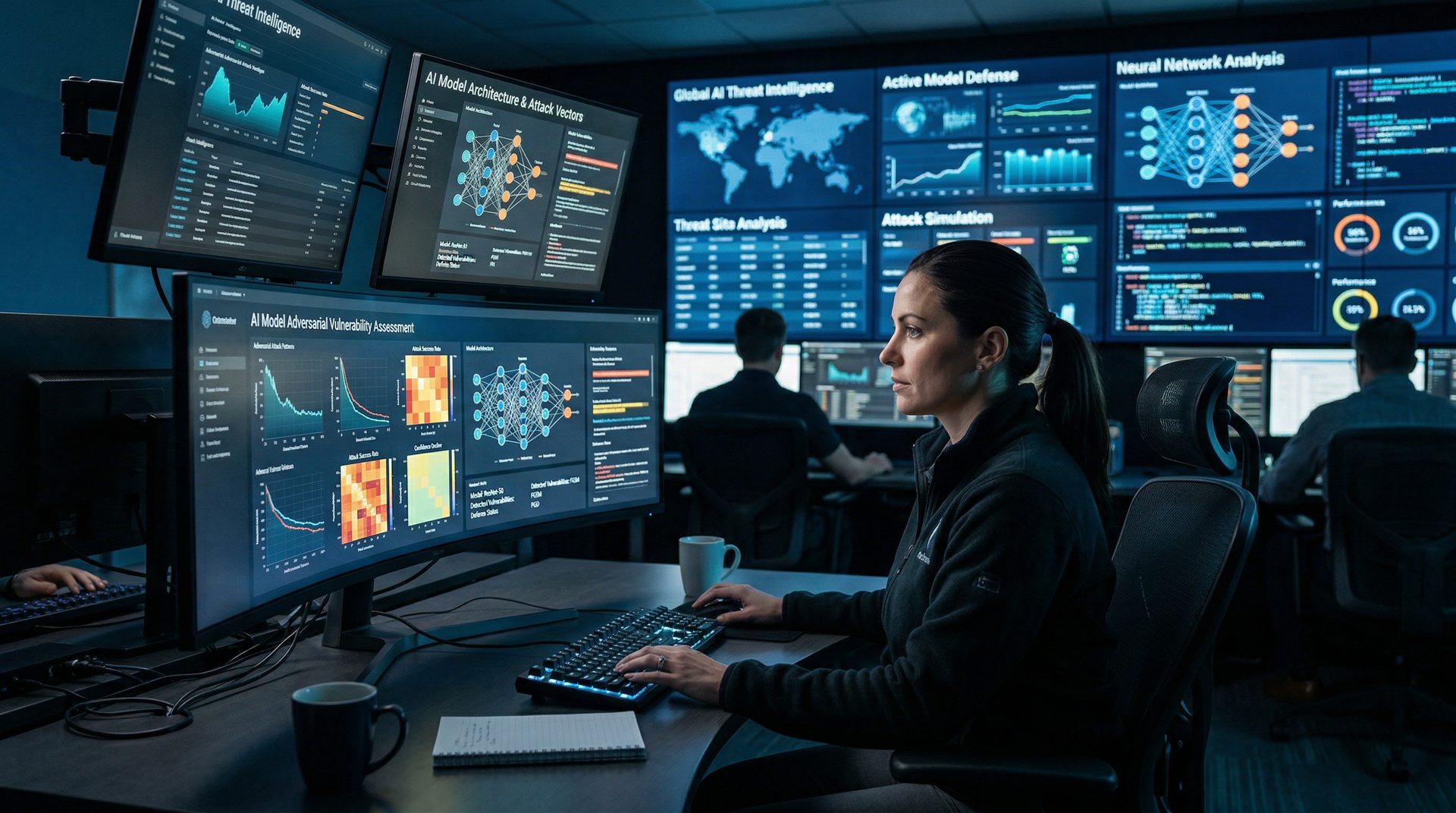 Security operations center focused on AI model adversarial testing and vulnerability analysis