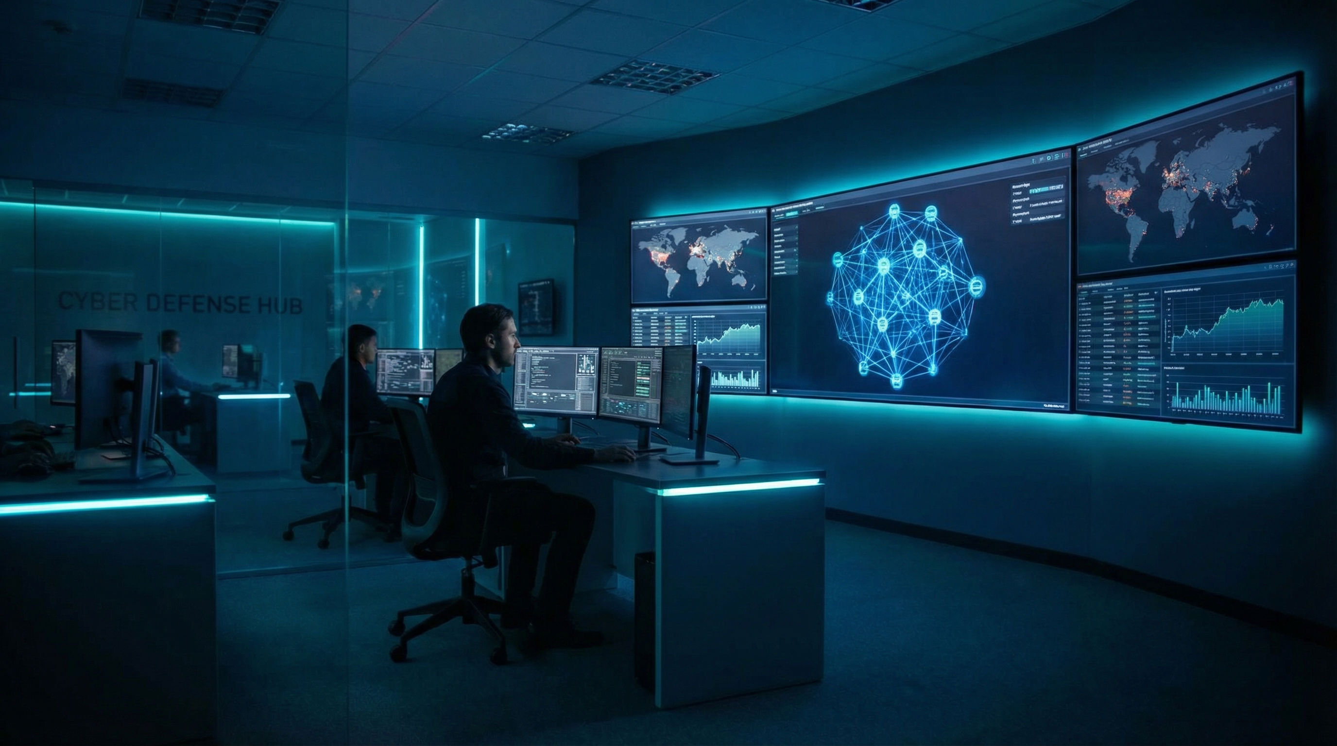 Network security operations center with threat monitoring displays