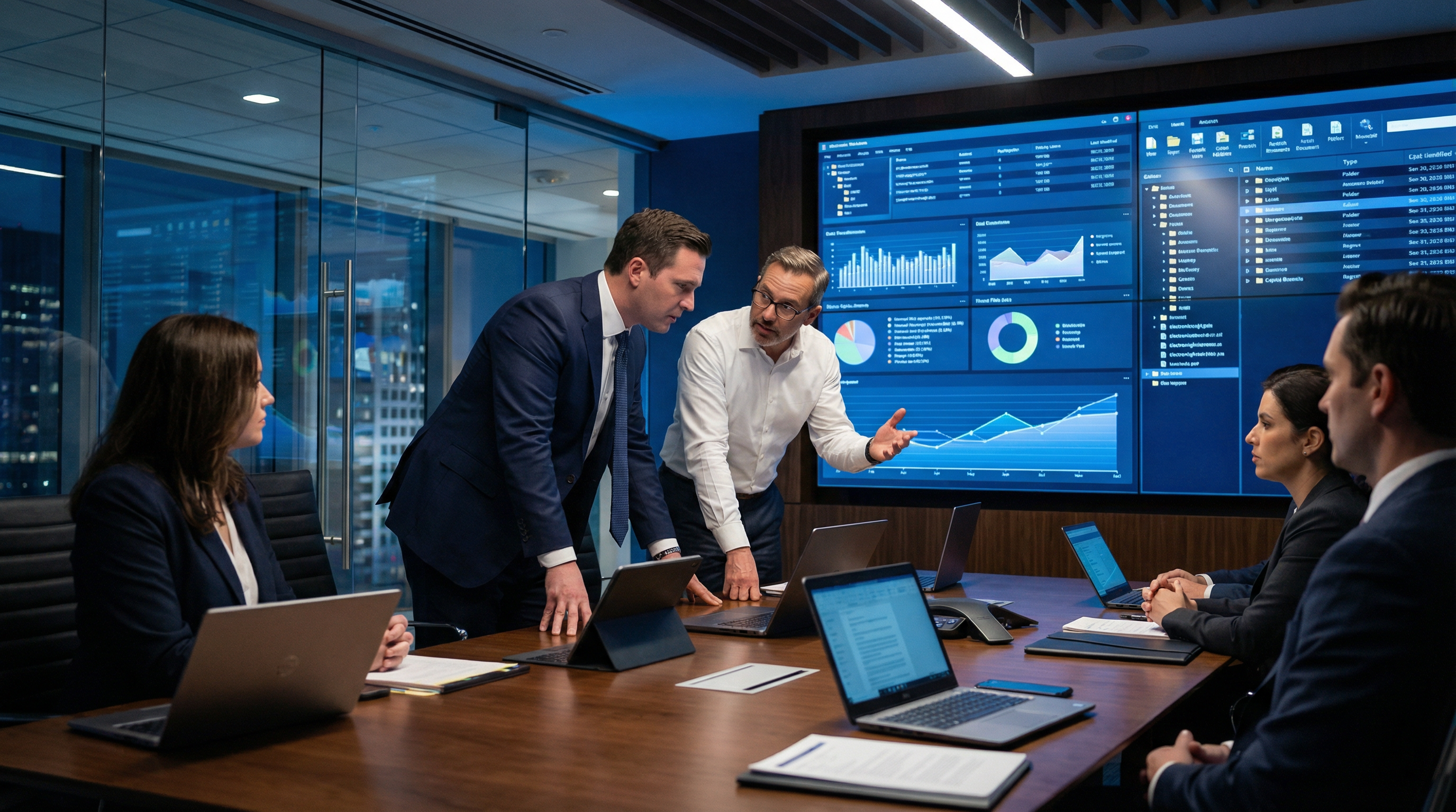 Legal team reviewing digital evidence data in a conference room