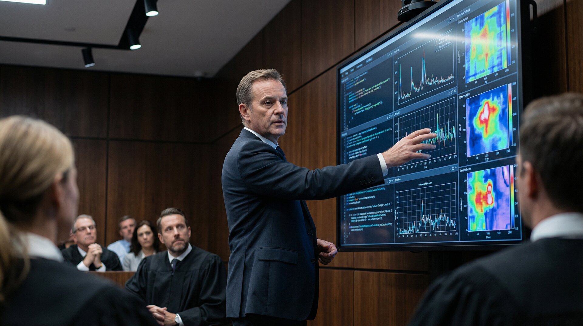 Expert forensic witness presenting digital evidence analysis in a modern courtroom