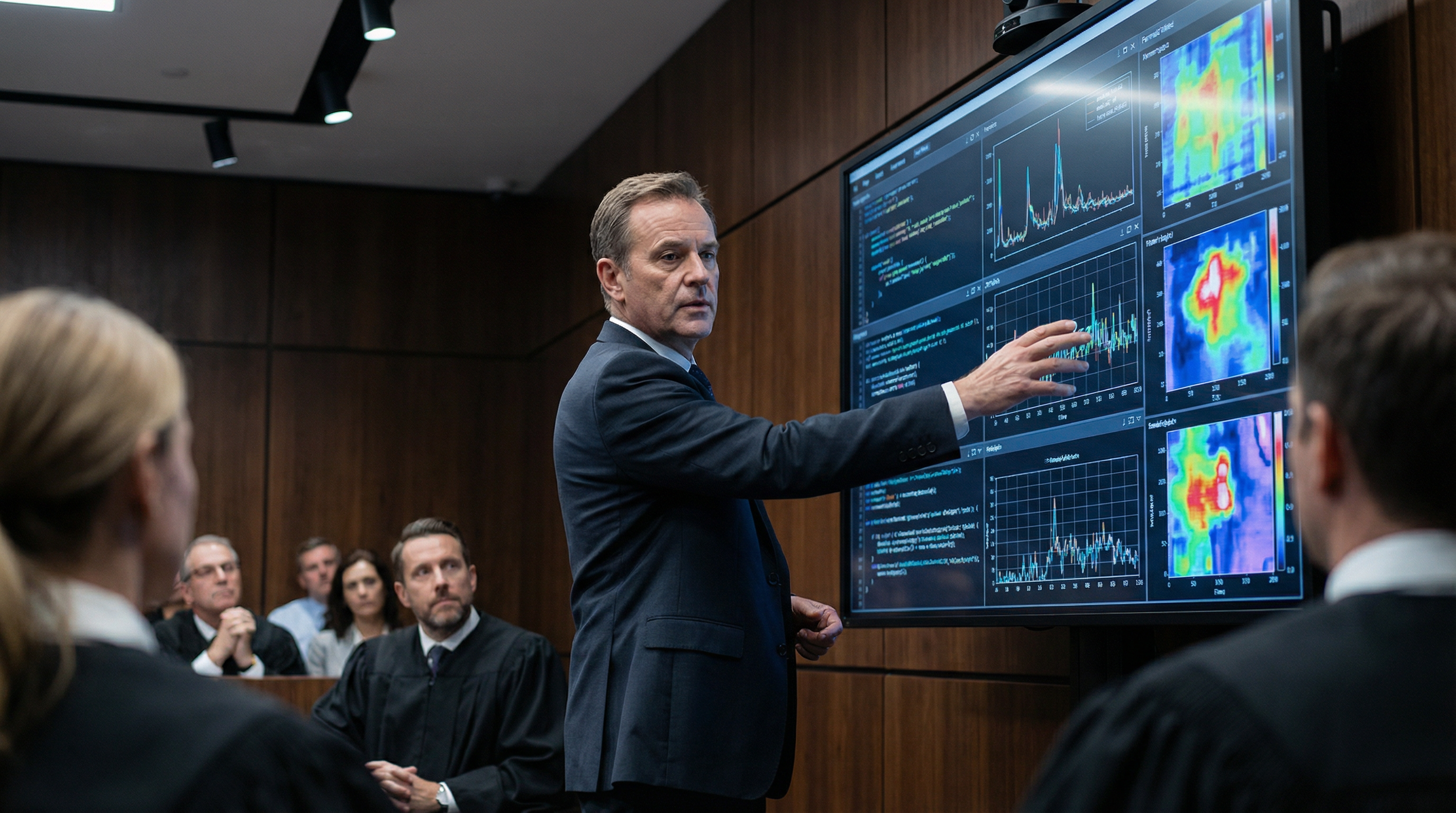Expert forensic witness presenting digital evidence analysis in a modern courtroom