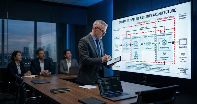 Enterprise AI security architecture review with threat modeling diagrams on multiple displays
