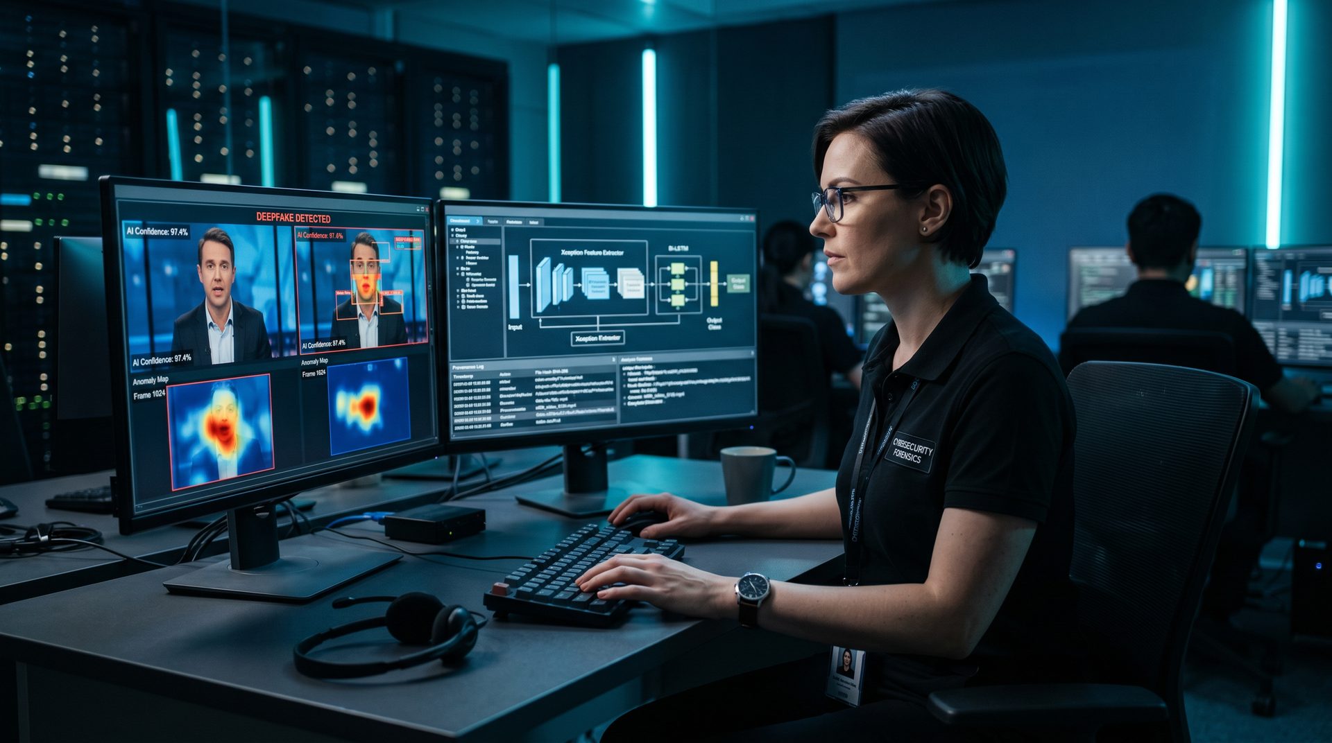 Forensic analyst examining deepfake detection results and AI model architecture on dual monitors