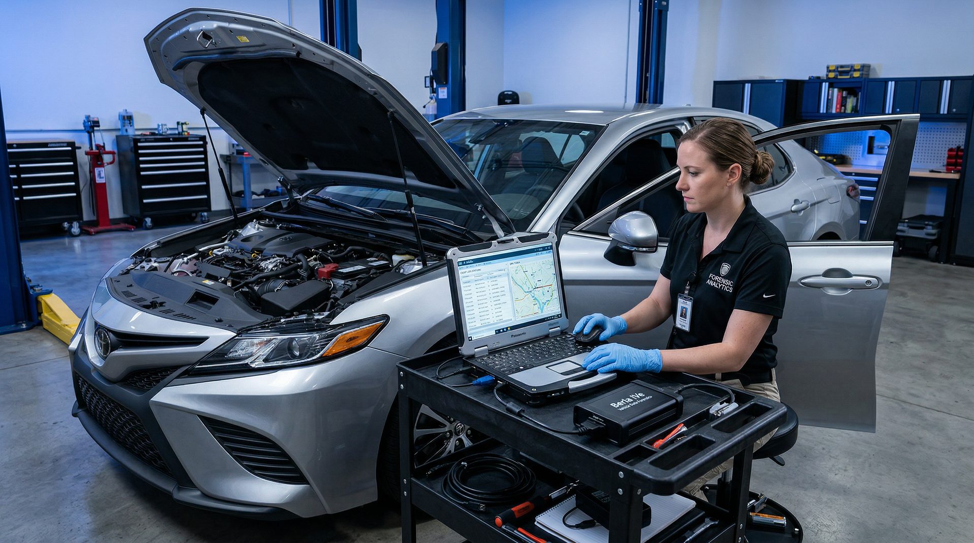 Forensic examiner extracting ECU data from a vehicle using OBD-II diagnostic equipment