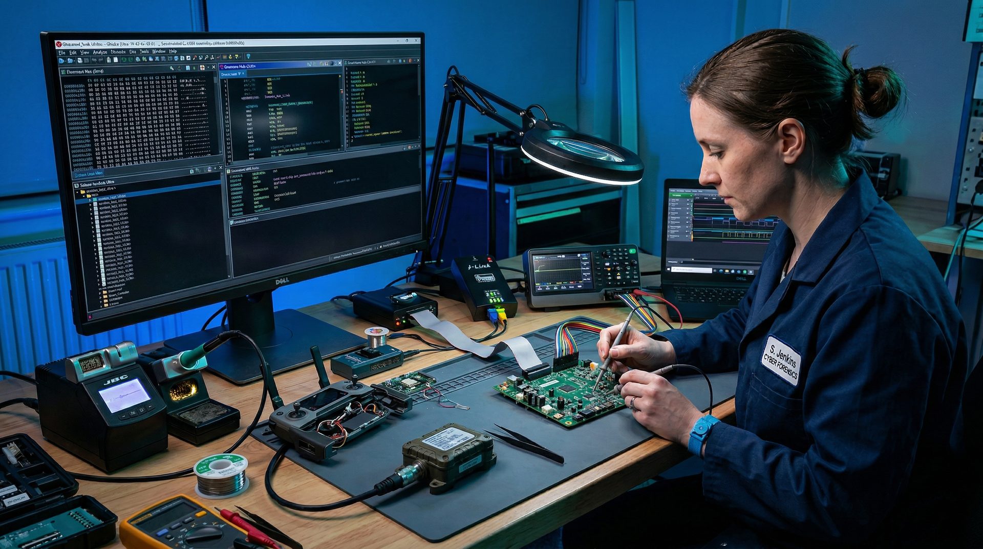 Embedded systems analyst performing JTAG debug and firmware extraction on circuit boards