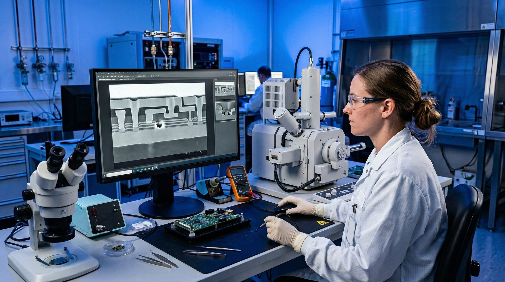 Semiconductor failure analysis lab with scanning electron microscope displaying integrated circuit cross-section
