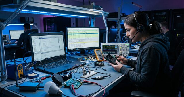 IoT security assessment lab with connected devices undergoing firmware and network analysis