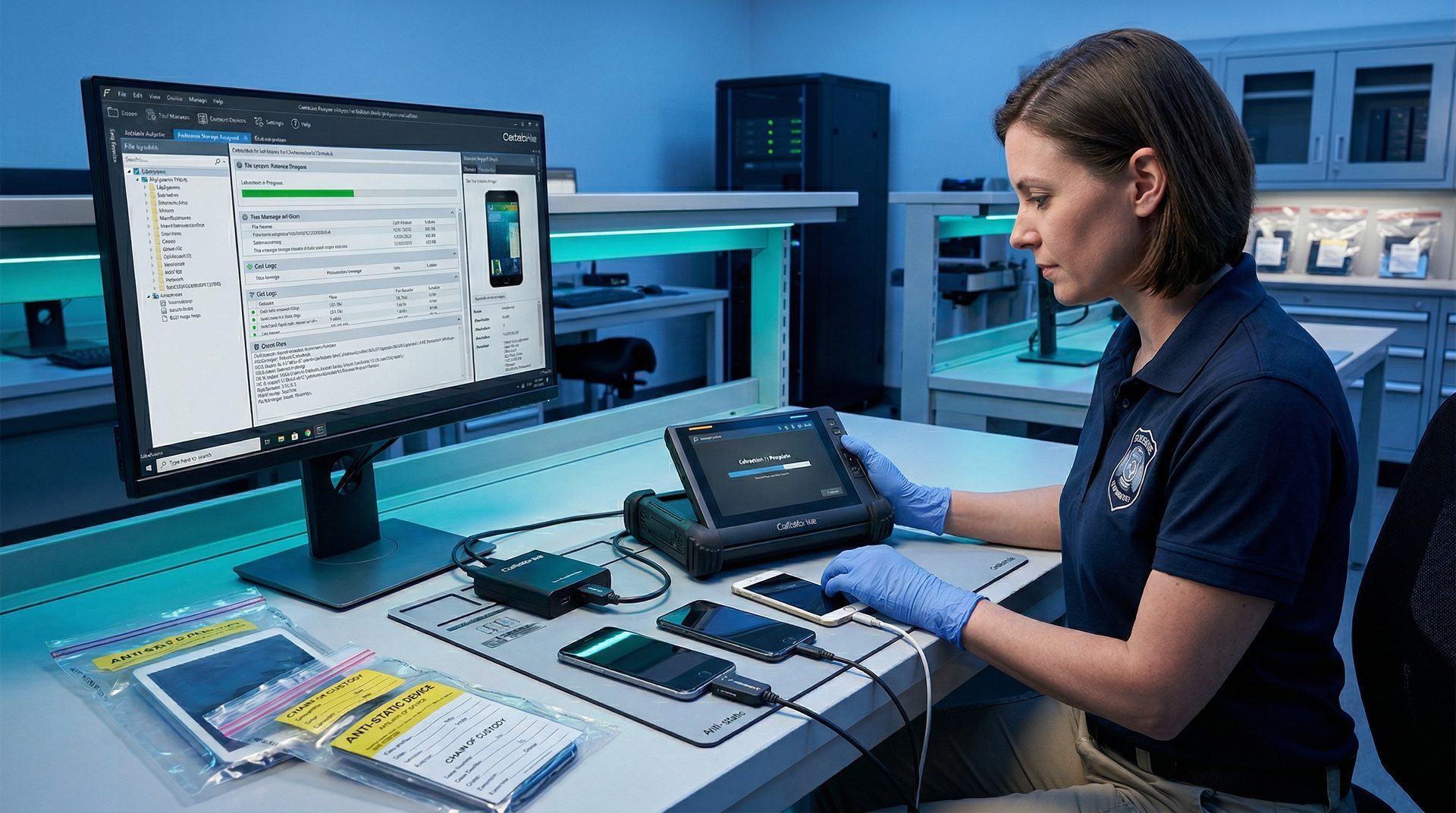 Mobile forensics examiner performing data extraction from smartphones with chain-of-custody documentation