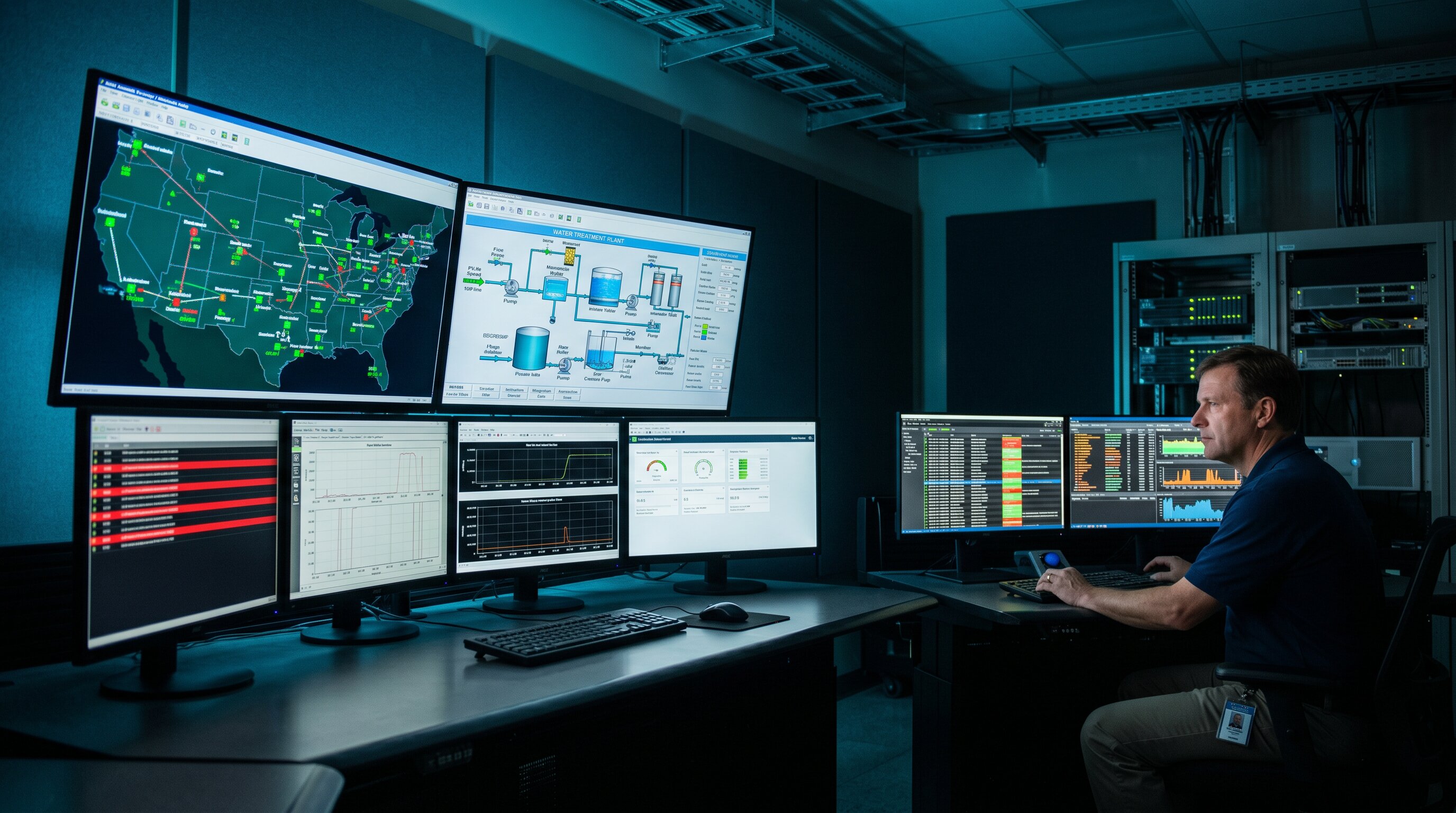 Industrial control room with SCADA monitoring screens during forensic incident analysis