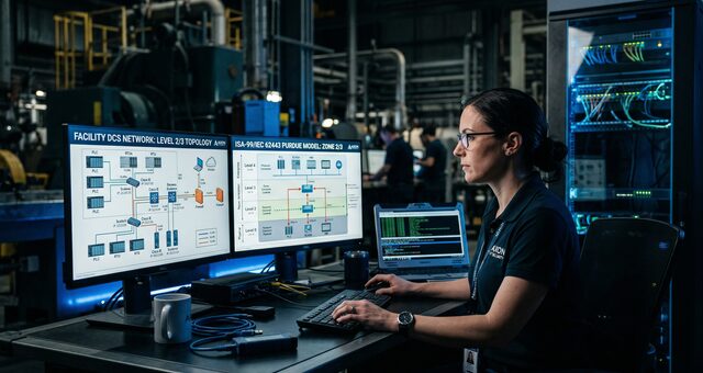 OT network assessment engineer reviewing industrial network topology and segmentation