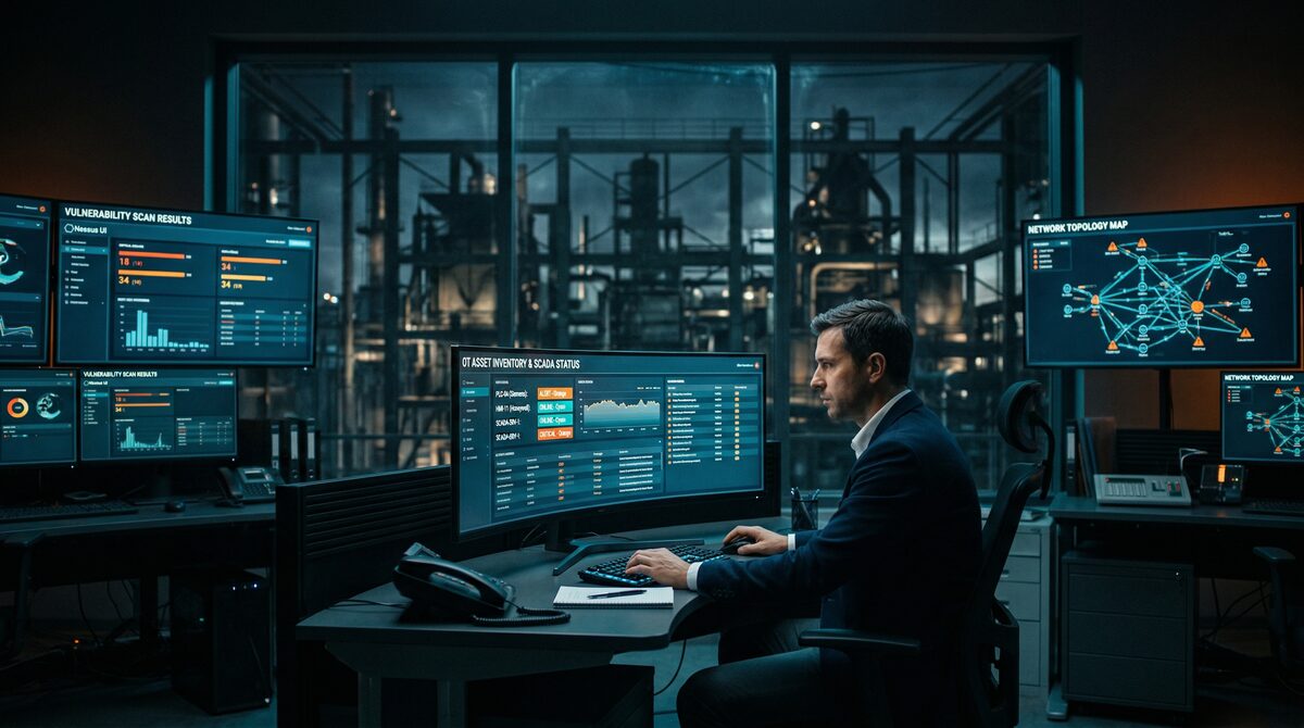 Operational technology vulnerability management dashboard showing asset inventory and risk scores