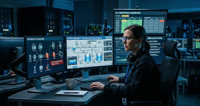 SCADA security testing environment with industrial control systems and monitoring interfaces