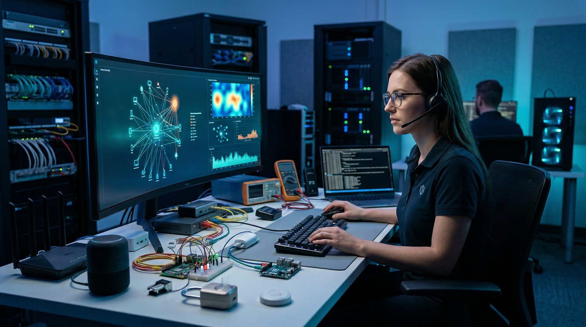 IoT security testing lab with connected devices and network traffic analysis