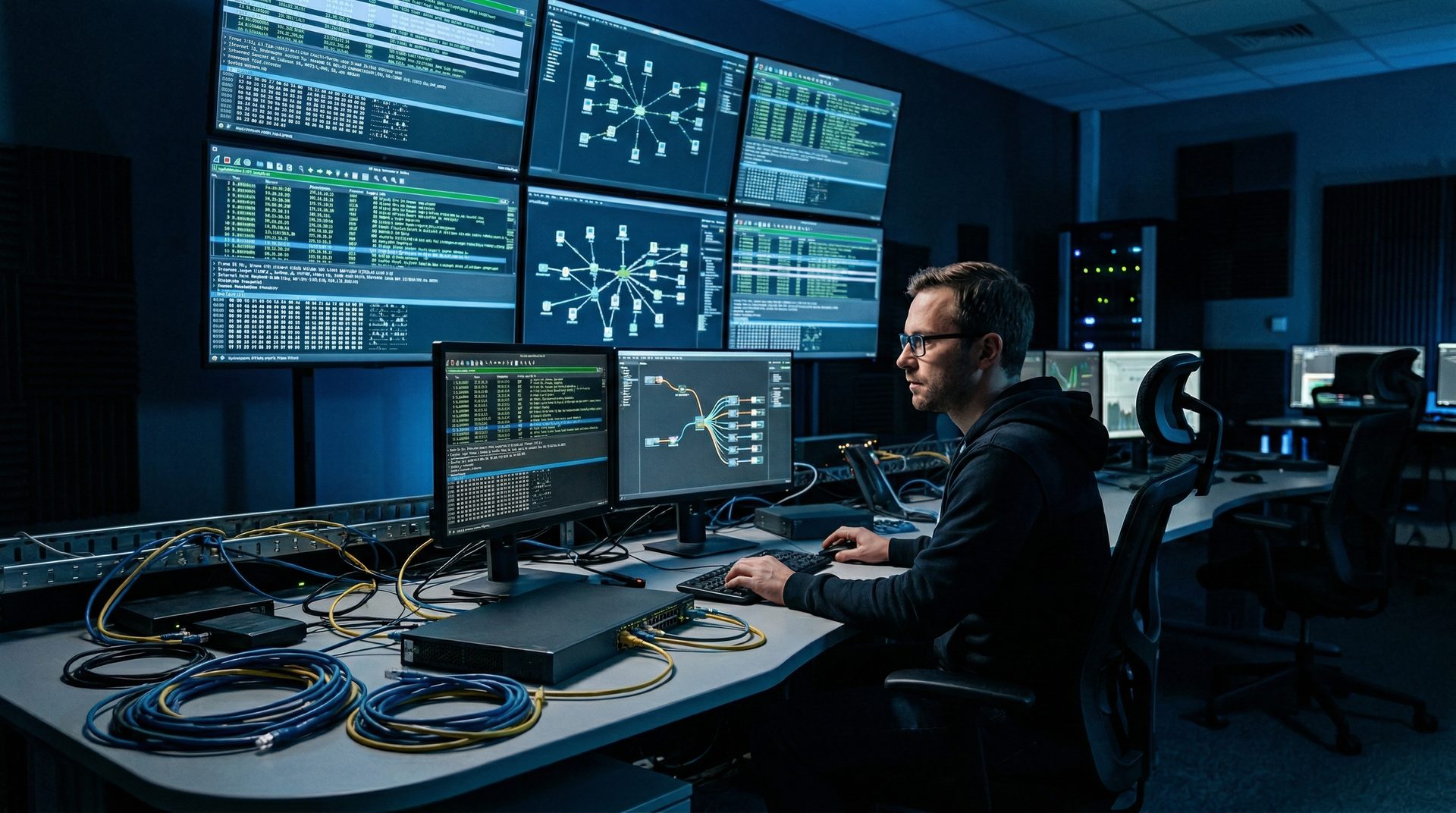 Network forensic analyst examining packet captures and traffic analysis data