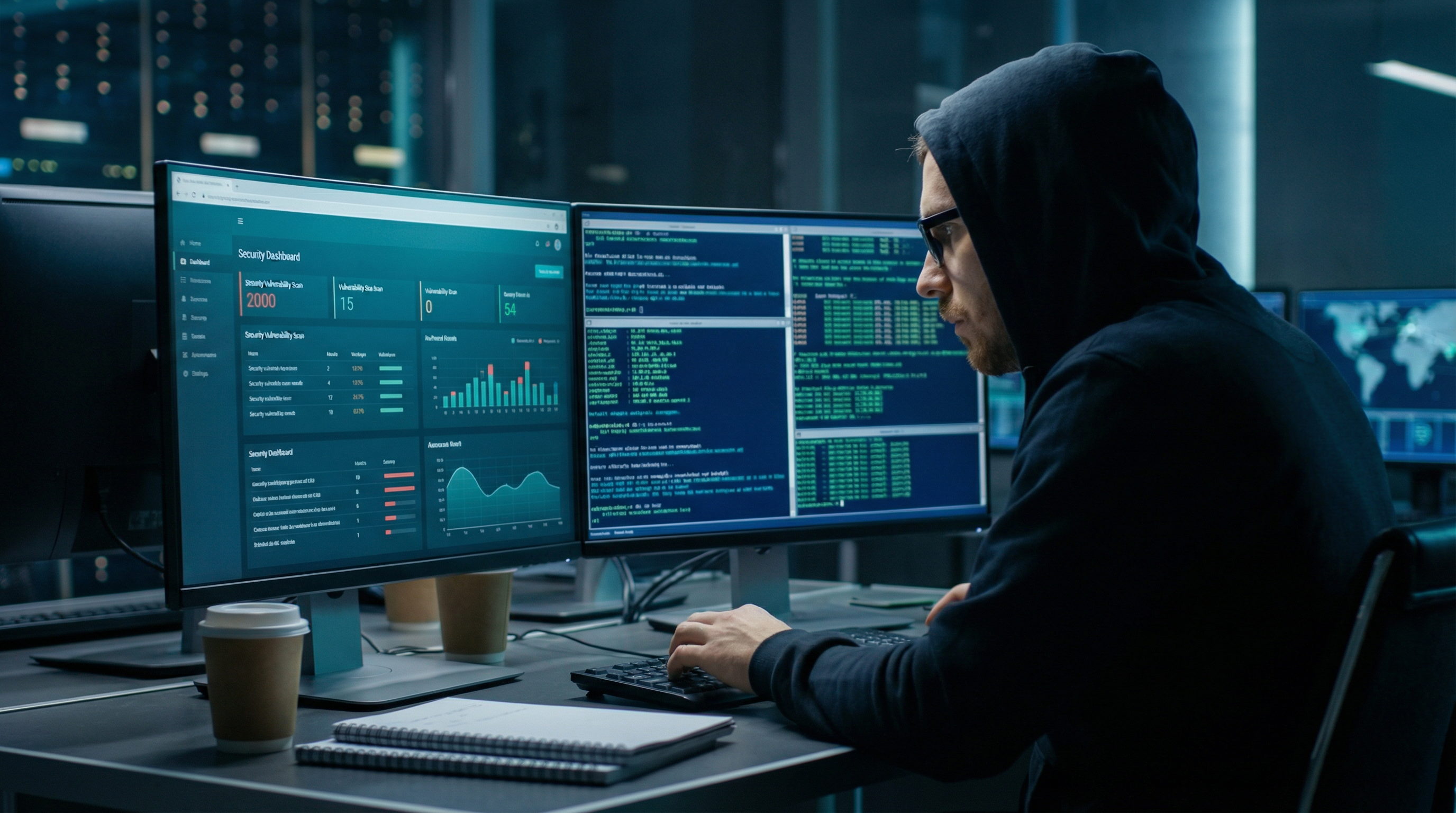 Cybersecurity analyst conducting penetration testing and vulnerability assessment