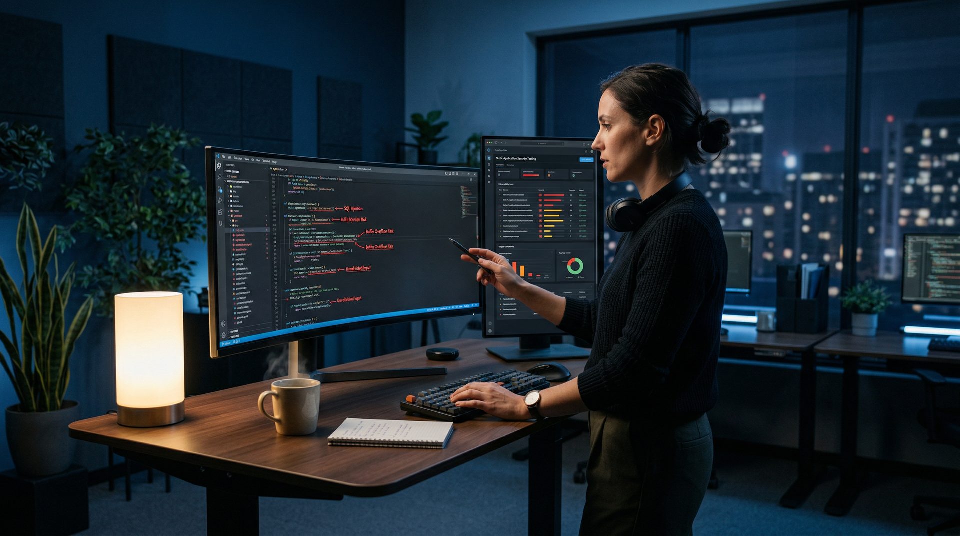 Security analyst performing manual and automated source code review for vulnerabilities